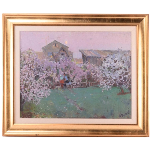 42 - Arseny Vlasov (1914 - 1997) Russian, An orchard in lilac blossom, signed oil on board, 54 cm x 70 cm... 