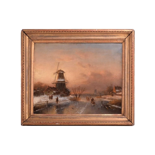 43 - Charles Leickert (1816-1907) Belgian, Dutch winter scene with windmill, signed, oil canvas, 40.5 x 5... 