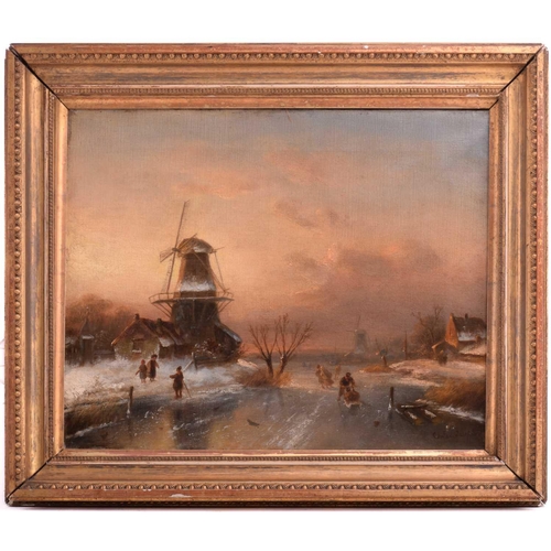 43 - Charles Leickert (1816-1907) Belgian, Dutch winter scene with windmill, signed, oil canvas, 40.5 x 5... 