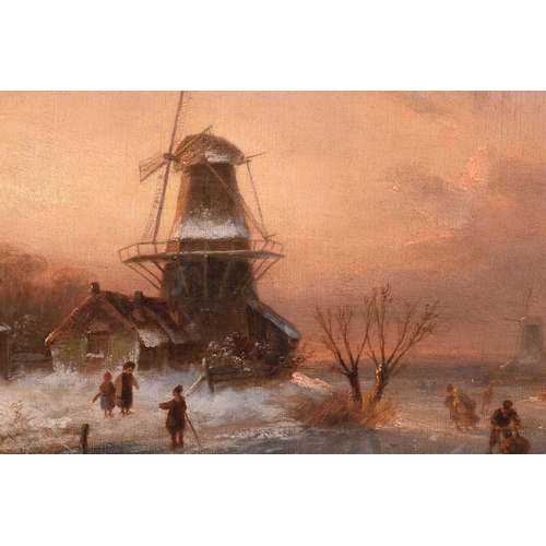 43 - Charles Leickert (1816-1907) Belgian, Dutch winter scene with windmill, signed, oil canvas, 40.5 x 5... 