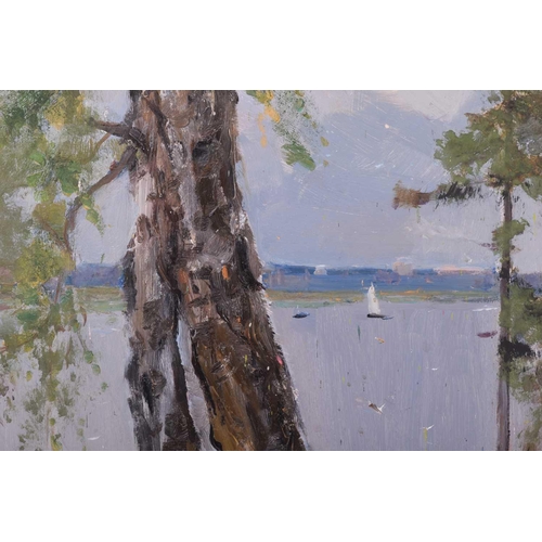 44 - Arseny Vlasov (1914 - 1997) Russian, A lake through trees, oil on board, 48 cm x 69 cm, glazed and f... 