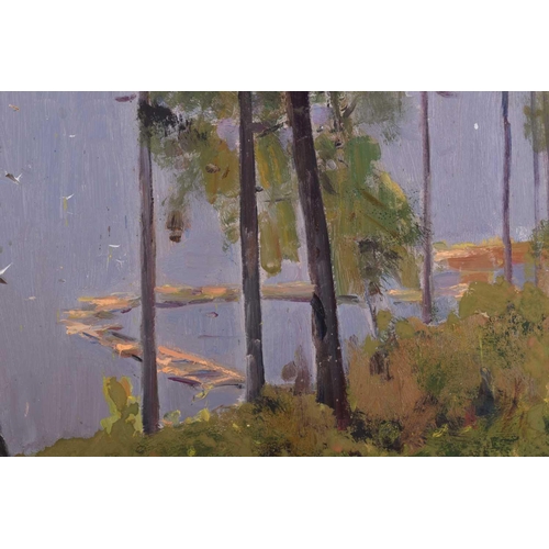 44 - Arseny Vlasov (1914 - 1997) Russian, A lake through trees, oil on board, 48 cm x 69 cm, glazed and f... 