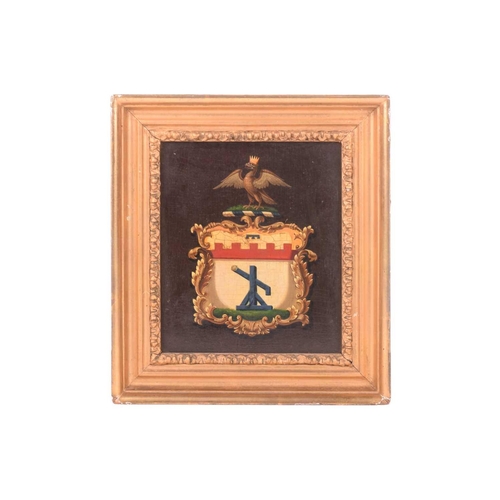 48 - 19th century British School, Armorial coat of arms depicting a trebuchet, oil on panel, 17 x 14.5 cm... 