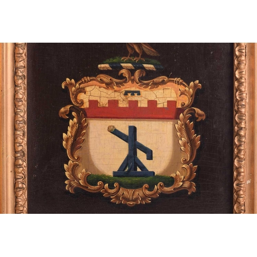 48 - 19th century British School, Armorial coat of arms depicting a trebuchet, oil on panel, 17 x 14.5 cm... 