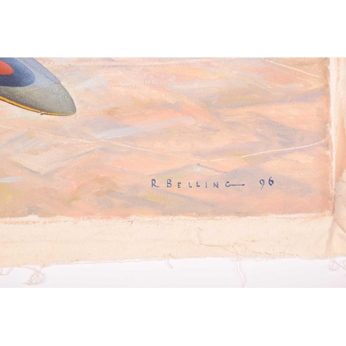 5 - † Ron Belling (1993-1998), 'Spitfires over Paris', oil on canvas, signed and dated 1996, unstretched... 