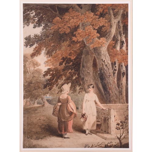 51 - Attributed to Joshua Cristall (1767-1847), ladies in conversation by a well, unsigned, pencil and wa... 