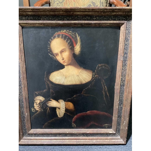 53 - French school, possibly sixteenth century, Lucretia with a dagger, unsigned, oil on panel, 61cm x 49... 