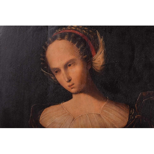 53 - French school, possibly sixteenth century, Lucretia with a dagger, unsigned, oil on panel, 61cm x 49... 