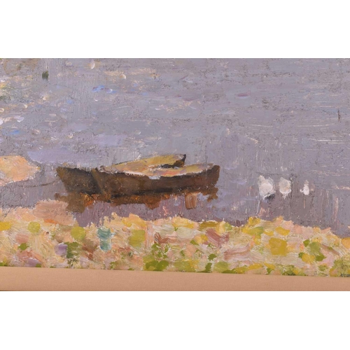 7 - Arseny Vlasov (1914 - 1997) Russian, Boat on a Pond, unsigned, oil on board, 48 cm x 68 cm, glazed a... 