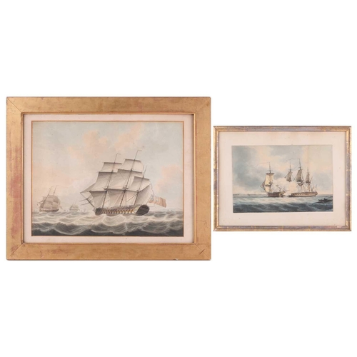 23 - 19th-century British school, A ship of the line in full sail with gun ports open in convoy, unsigned... 