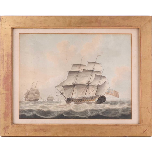 23 - 19th-century British school, A ship of the line in full sail with gun ports open in convoy, unsigned... 