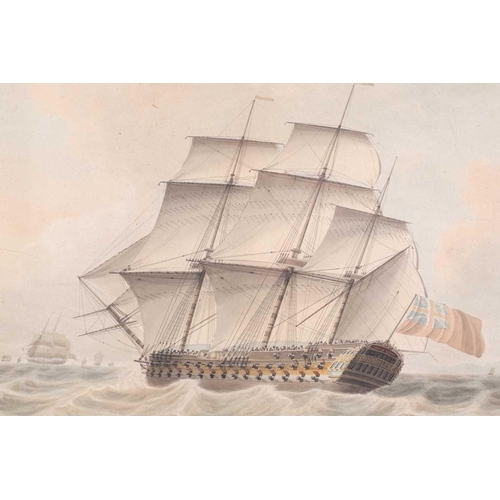 23 - 19th-century British school, A ship of the line in full sail with gun ports open in convoy, unsigned... 