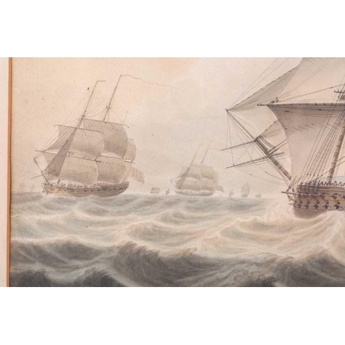 23 - 19th-century British school, A ship of the line in full sail with gun ports open in convoy, unsigned... 