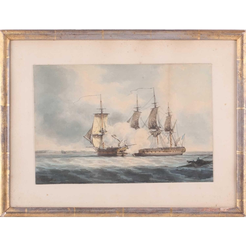 23 - 19th-century British school, A ship of the line in full sail with gun ports open in convoy, unsigned... 