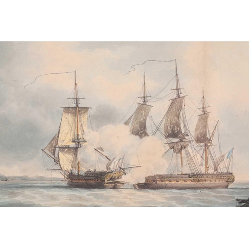 23 - 19th-century British school, A ship of the line in full sail with gun ports open in convoy, unsigned... 