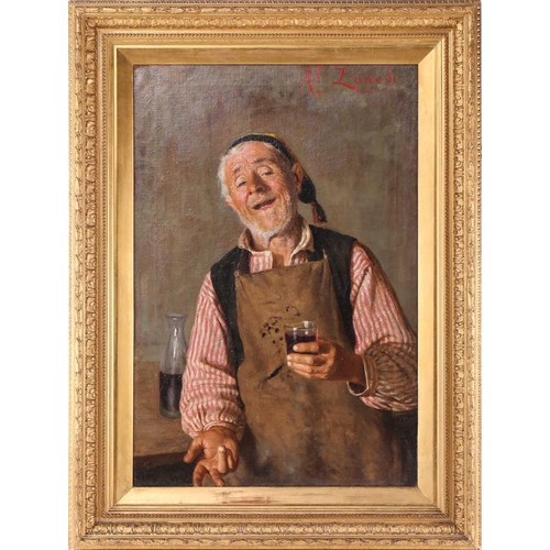 28 - A.P. Lunedi (19th century Italian), portrait of an elderly craftsman with a glass of wine, signed to... 