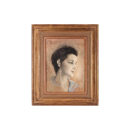 32 - 20th-Century School, bust-length portrait of a lady with black hair, wearing a blue blouse, indistin... 