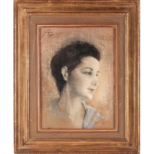 32 - 20th-Century School, bust-length portrait of a lady with black hair, wearing a blue blouse, indistin... 