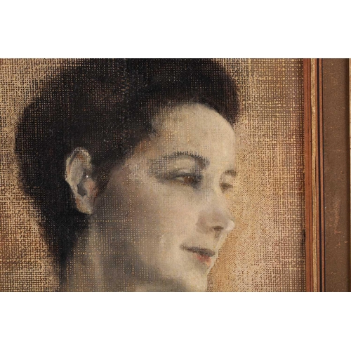 32 - 20th-Century School, bust-length portrait of a lady with black hair, wearing a blue blouse, indistin... 