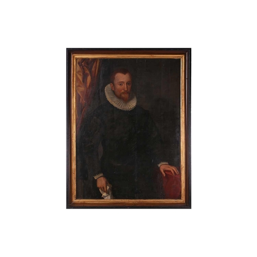 34 - 17th-Century Dutch School, three-quarter length portrait of a gentleman holding a handkerchief, oil ... 
