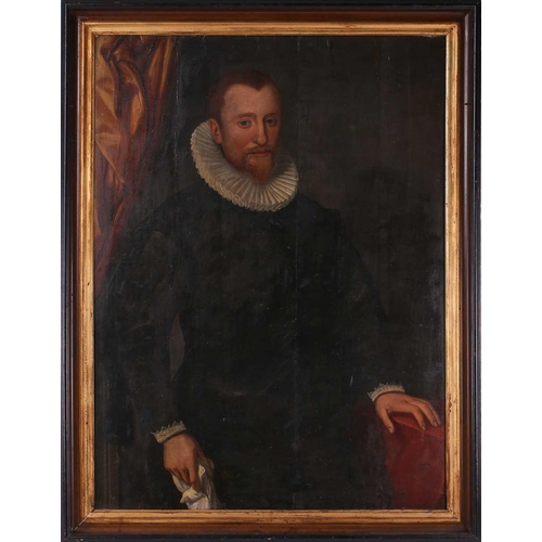 34 - 17th-Century Dutch School, three-quarter length portrait of a gentleman holding a handkerchief, oil ... 