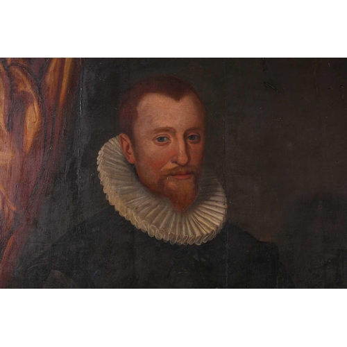 34 - 17th-Century Dutch School, three-quarter length portrait of a gentleman holding a handkerchief, oil ... 