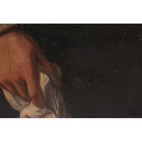 34 - 17th-Century Dutch School, three-quarter length portrait of a gentleman holding a handkerchief, oil ... 
