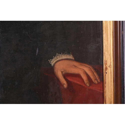 34 - 17th-Century Dutch School, three-quarter length portrait of a gentleman holding a handkerchief, oil ... 