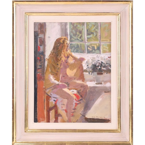 4 - † Ken Howard (1932 - 2022), Artist's model at a window, signed, oil on board, 35 x 27 cm, framed 49 ... 
