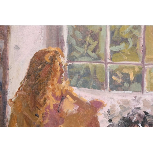 4 - † Ken Howard (1932 - 2022), Artist's model at a window, signed, oil on board, 35 x 27 cm, framed 49 ... 