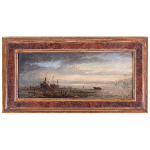 41 - Adolphus Knell (1805 - 1875) Boats and figures at low tide, signed, oil on panel, 12 x 29.5 cm, fram... 