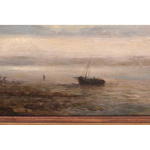 41 - Adolphus Knell (1805 - 1875) Boats and figures at low tide, signed, oil on panel, 12 x 29.5 cm, fram... 