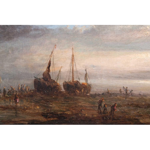 41 - Adolphus Knell (1805 - 1875) Boats and figures at low tide, signed, oil on panel, 12 x 29.5 cm, fram... 