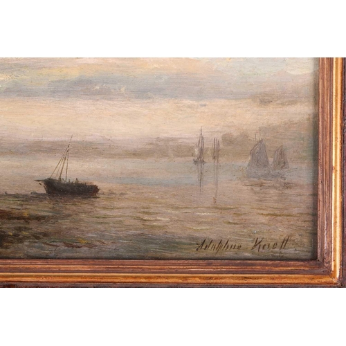 41 - Adolphus Knell (1805 - 1875) Boats and figures at low tide, signed, oil on panel, 12 x 29.5 cm, fram... 