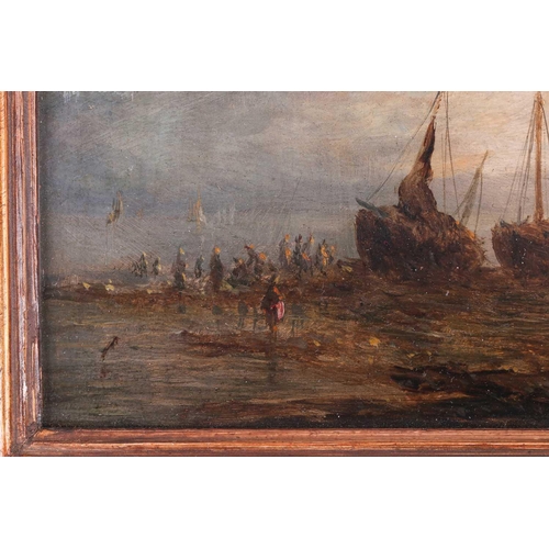41 - Adolphus Knell (1805 - 1875) Boats and figures at low tide, signed, oil on panel, 12 x 29.5 cm, fram... 
