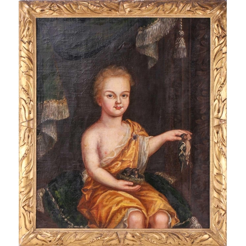 5 - 18th-Century British School, Boy in Classical robes holding a nest and a dead bird, unsigned, oil on... 