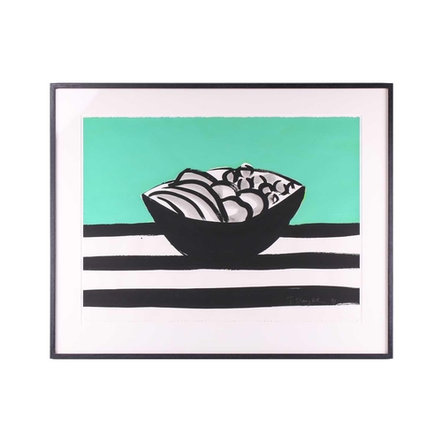 52 - Tom Slaughter (1955 - 2014) American, Still Life of a fruit bowl with green background, signed and d... 