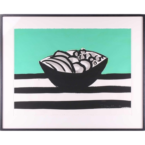 52 - Tom Slaughter (1955 - 2014) American, Still Life of a fruit bowl with green background, signed and d... 
