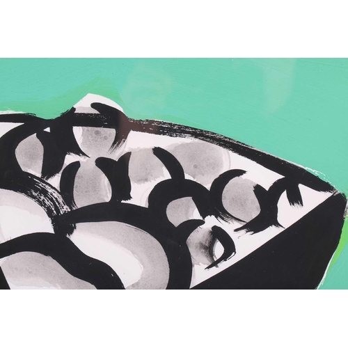 52 - Tom Slaughter (1955 - 2014) American, Still Life of a fruit bowl with green background, signed and d... 