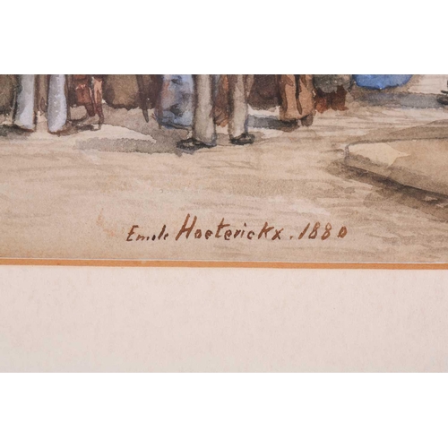 7 - Emile Hoeterickx (1858 - 1923) Belgian, A street-side Punch & Judy show, signed and dated 1880, wate... 