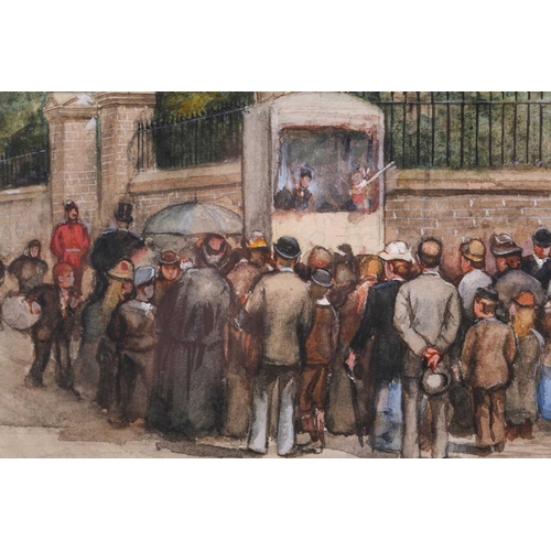 7 - Emile Hoeterickx (1858 - 1923) Belgian, A street-side Punch & Judy show, signed and dated 1880, wate... 