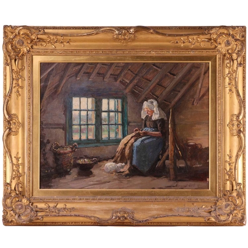 15 - Margaret Wilson (British XIX-XX), Sewing by a Window, signed (lower right), oil on canvas, 52 x 66cm... 