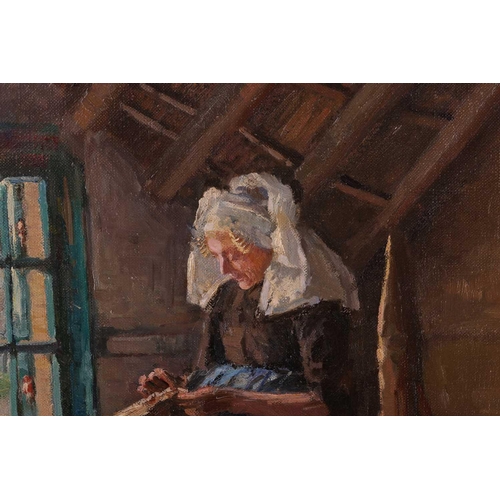 15 - Margaret Wilson (British XIX-XX), Sewing by a Window, signed (lower right), oil on canvas, 52 x 66cm... 