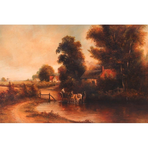 18 - † Brian Coole (1939 - 2022), A cart in a village ford (in the 18th-century style), signed, oil on ca... 