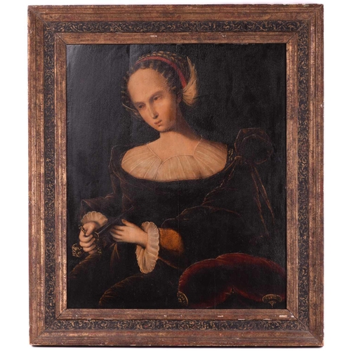 23 - French school, possibly sixteenth century, Lucretia with a dagger, unsigned, oil on panel, 61cm x 49... 