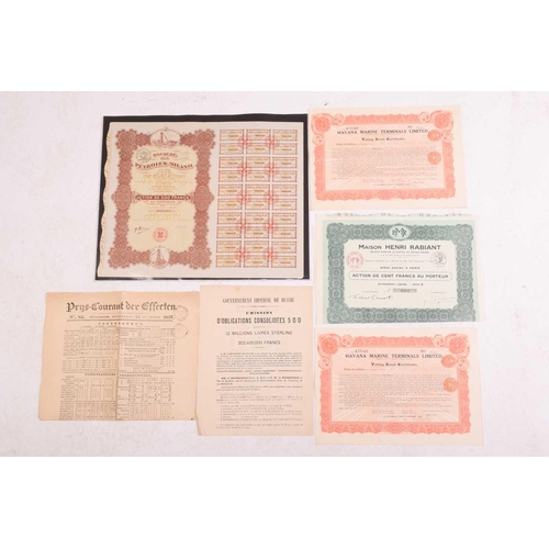 339 - Scripophily: a collection of bonds and share certificates, to include a 1907 Chinese Imperial Railwa... 