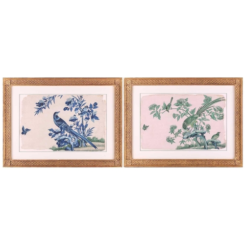 340 - A pair of 18th-century Chinoiserie wallpaper fragments. depicting exotic birds on flowering branches... 