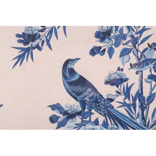 340 - A pair of 18th-century Chinoiserie wallpaper fragments. depicting exotic birds on flowering branches... 