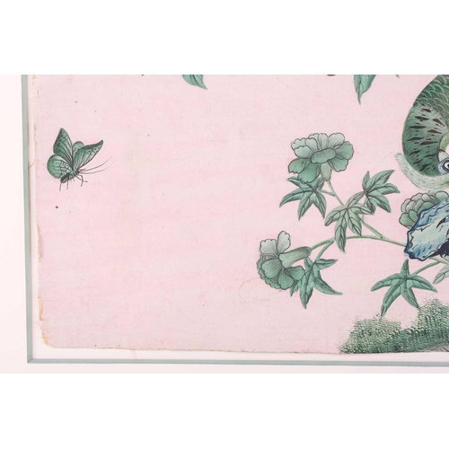 340 - A pair of 18th-century Chinoiserie wallpaper fragments. depicting exotic birds on flowering branches... 