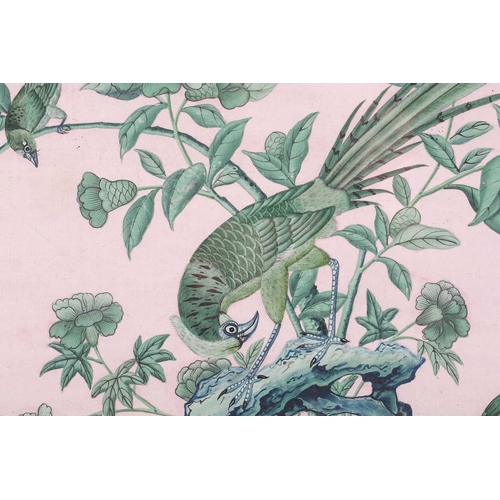 340 - A pair of 18th-century Chinoiserie wallpaper fragments. depicting exotic birds on flowering branches... 